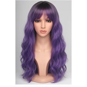 Purple Hair Wavy Wigs With Bangs For Women Synthetic Purple Wigs For Daily Use